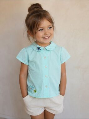 Dpam Girls Sz 4 Blue Peter Pan Collar Beaded Blouse Short Sleeve Shirt Top